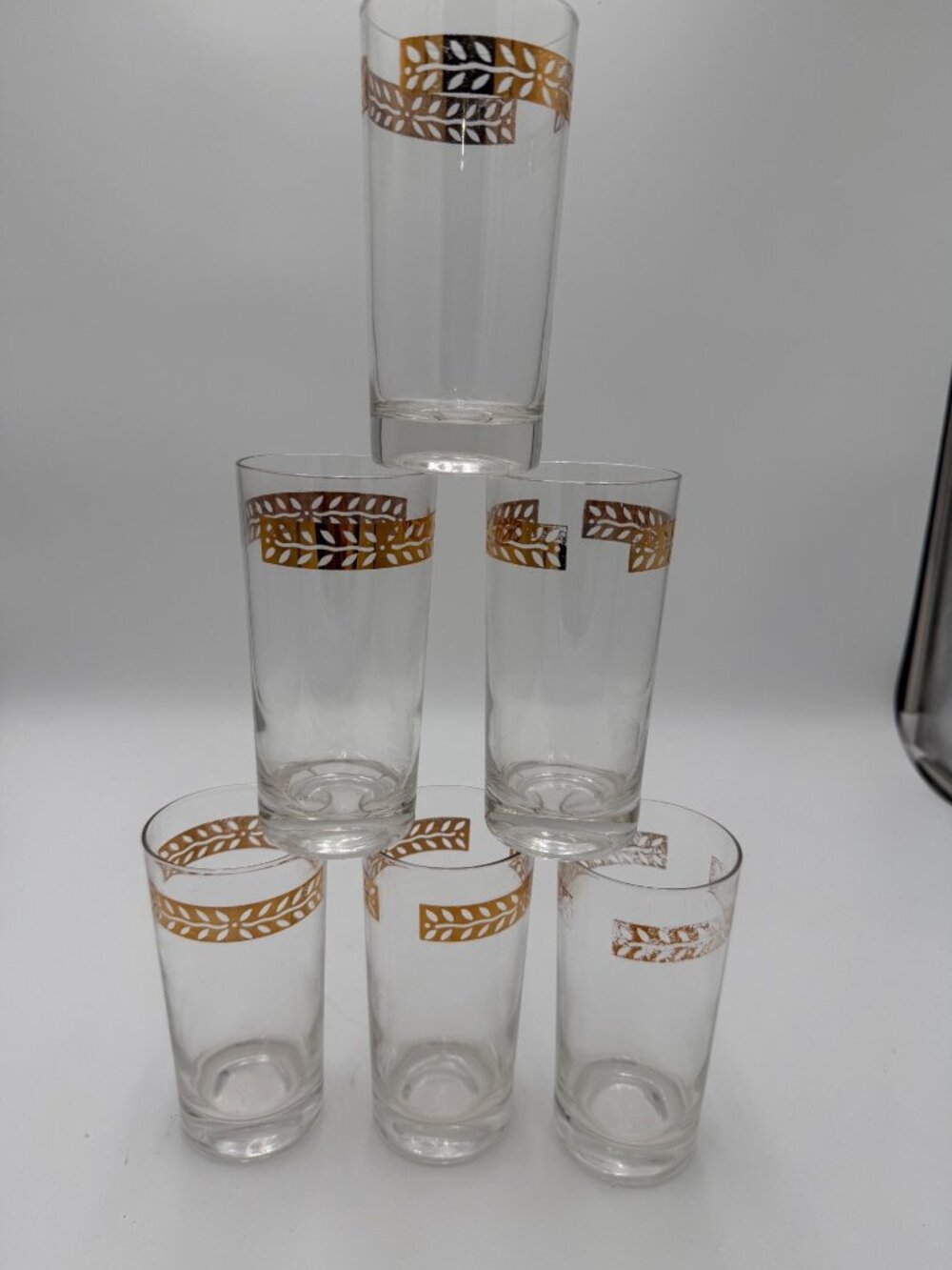 Set Of 6 Vintage Clear Glasses Gold Leaf Patterned MCM Barware Tom Collins